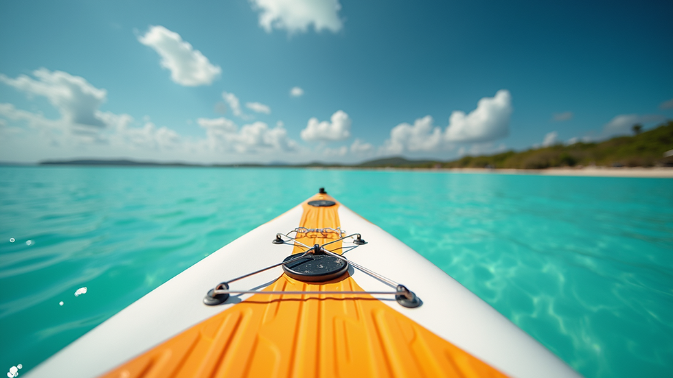 Eye-level view of a paddleboard floating on clear turquoise water