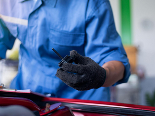 Mechanic inspecting a vehicle gearbox component during transmission servicing on the Sunshine Coast