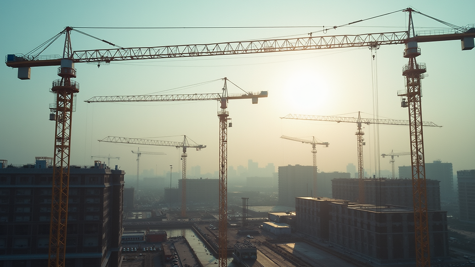 Wide angle view of a construction site with cranes and workers