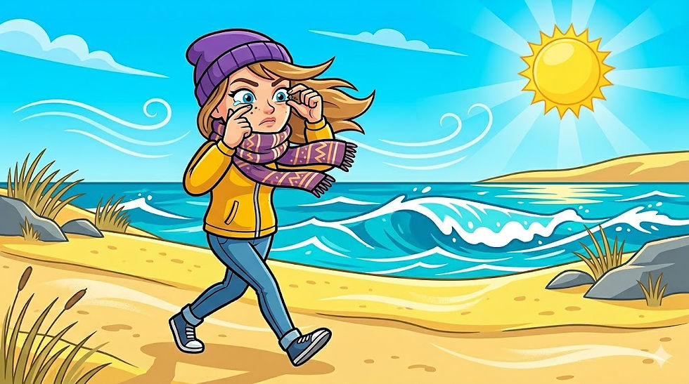 bright 2D vector cartoon illustration of a person walking along a windy Sunshine Coast beach in winter clothing, looking annoyed as a comical tear runs down their cheek due to the coastal breeze.