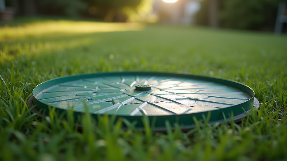 Close-up view of septic tank lid in a grassy backyard