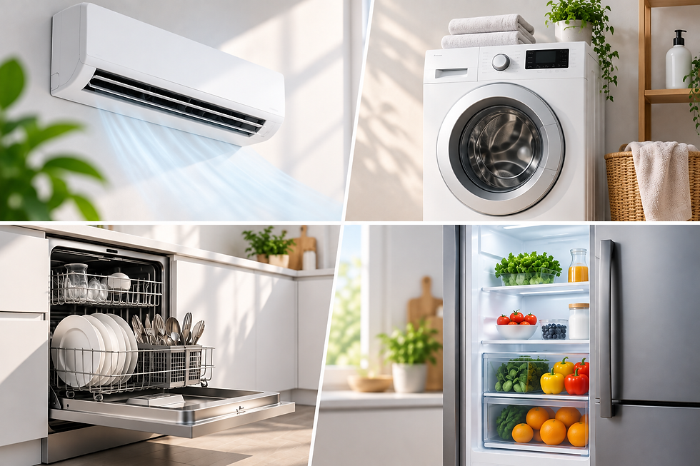 Four-panel image showing an air conditioner, washing machine, dishwasher and refrigerator for spring appliance maintenance in a Sunshine Coast home.