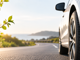 Car travelling along a Sunshine Coast road, representing a spring transmission check and vehicle maintenance.