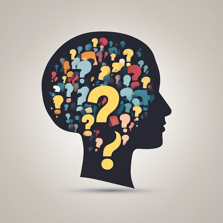 Silhouette of a human head filled with colorful question marks and bulbs on a light gray background, symbolizing curiosity and ideas.