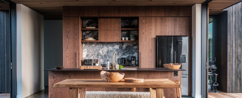 Open plan living, kitchen and dining built by Raglan builders Hoult Construction 
