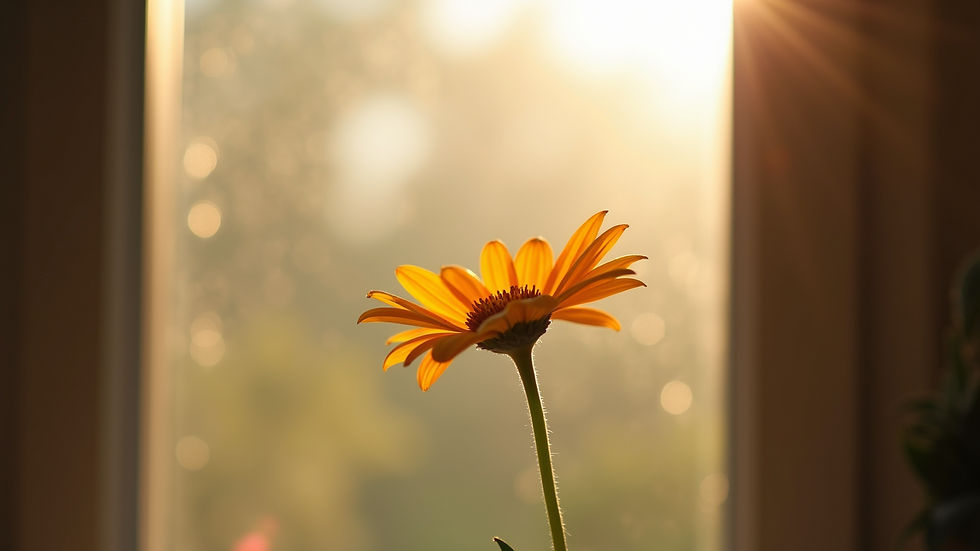 Close-up view of a single flower illuminated by soft natural light through a window