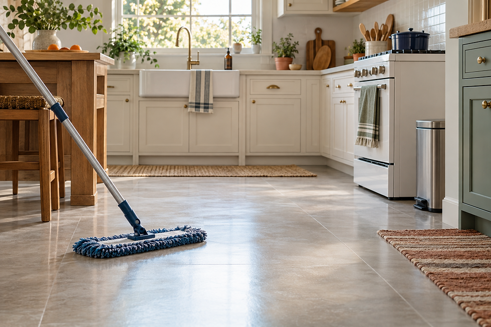 A microfiber mop on a clean kitchen floor near the stove, sink and trash can