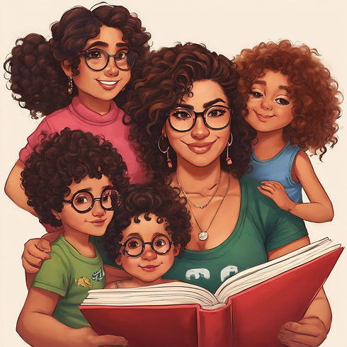 35 year old, thick, Mexican woman, punk rock aesthetic, curly hair, round glasses, reading