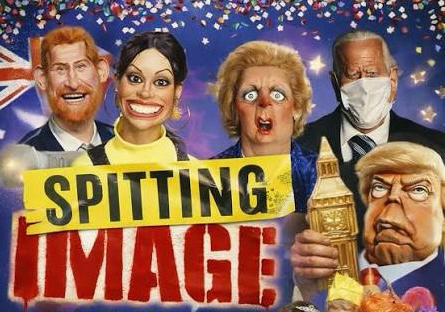 Cartoon parody of royals and Trump-style figures holding a SPITTING IMAGE sign, with confetti and UK flag, in a mocking mood.