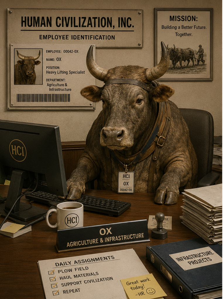 Ox in an HCI office at a desk with computer and paperwork, wearing an ID badge; signs read Human Civilization, Inc. and Mission.