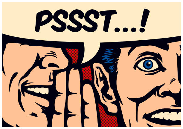Pop art style image of a person whispering "PSSST...!" into another's ear. Exaggerated expressions, red background, comic book effect.