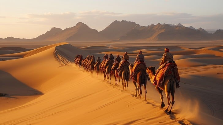 Camels with riders traverse a vast, golden desert, casting long shadows. Distant mountains are visible under a soft, warm evening light.