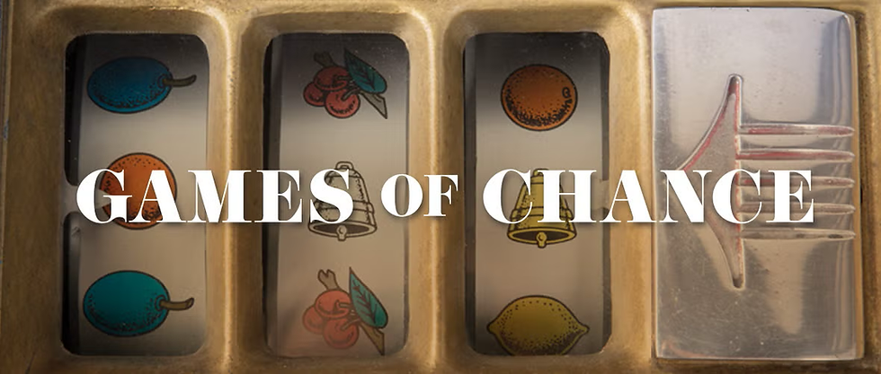 Slot machine with fruits and bell symbols on reels. Gold frame, reflective lever to the right. Text "GAMES OF CHANCE" overlays image.
