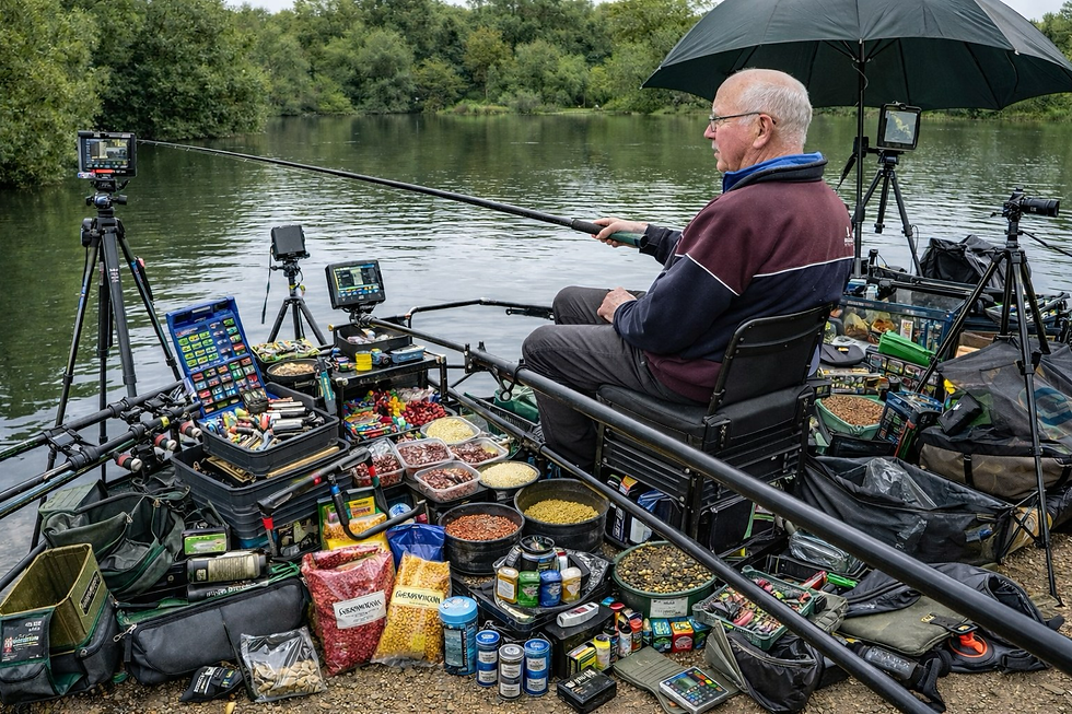 Man fishing by a river, surrounded by fishing tackle and bait under an umbrella. Green trees in the background; camera equipment visible.