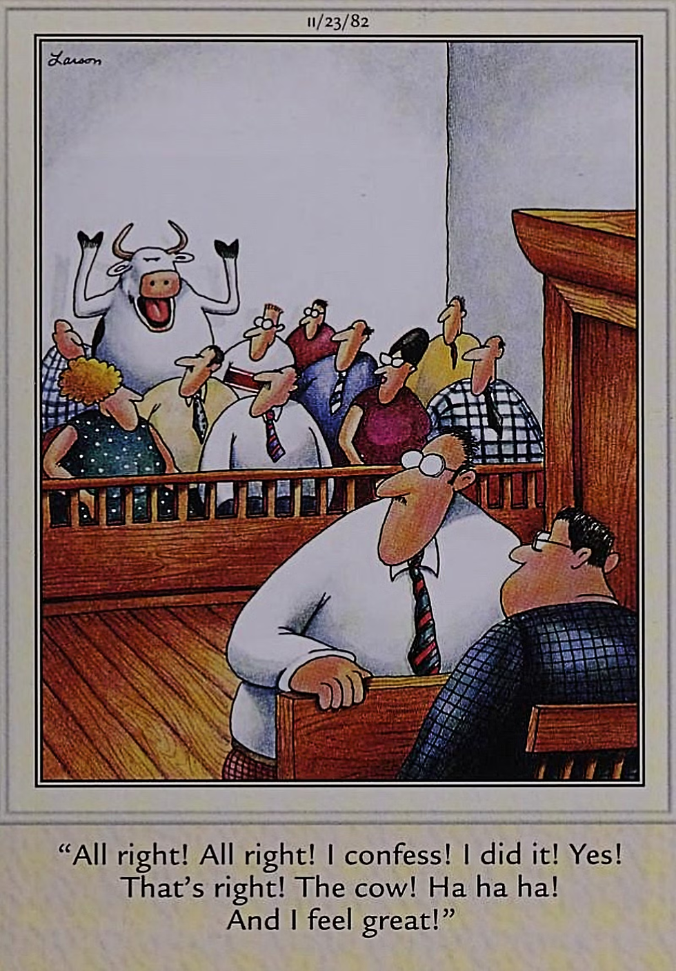 Far Side courtroom scene with a cow jubilantly raising arms among spectators. Man in suit confesses at the front. Humorous, cartoon style.