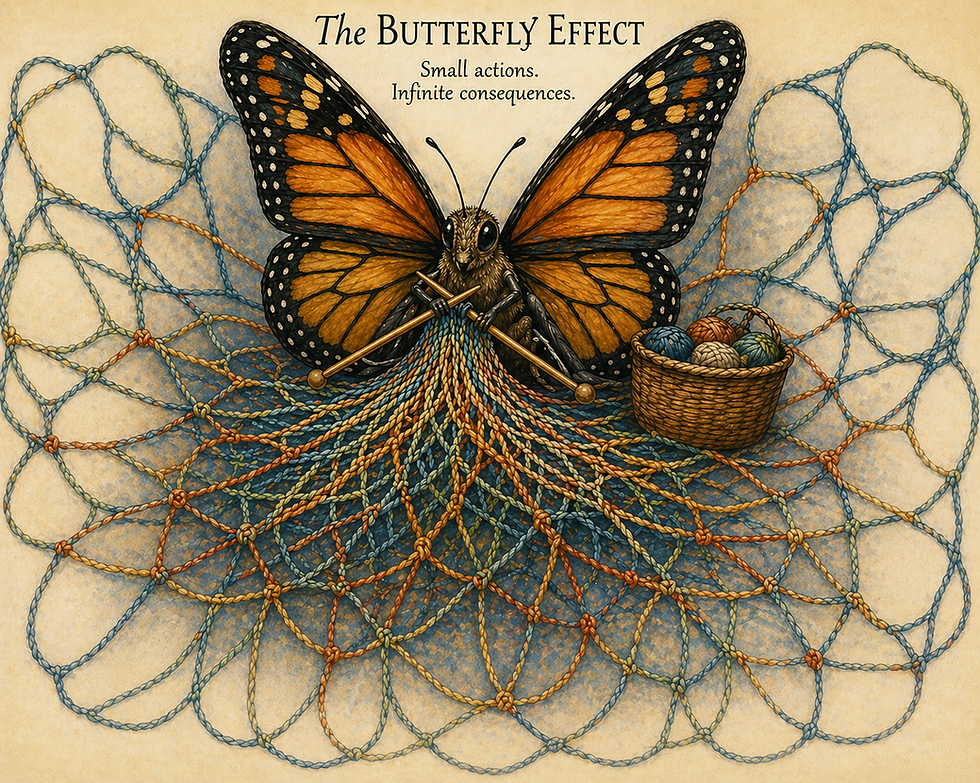 Butterfly knitting colorful threads in a web pattern with text "The Butterfly Effect. Small actions. Infinite consequences." Basket of yarn.