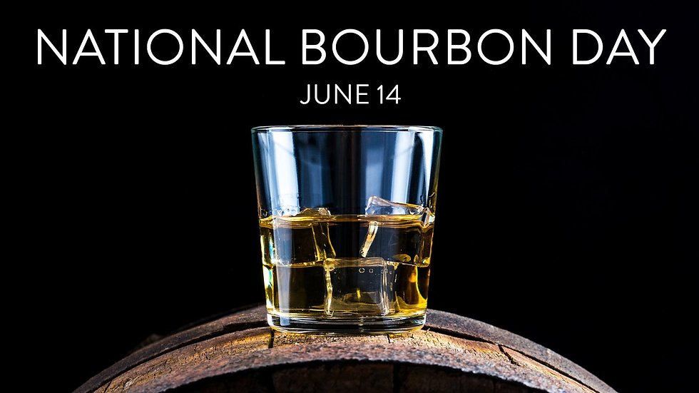 Glass of bourbon with ice on a barrel against a black background, with text NATIONAL BOURBON DAY and JUNE 14