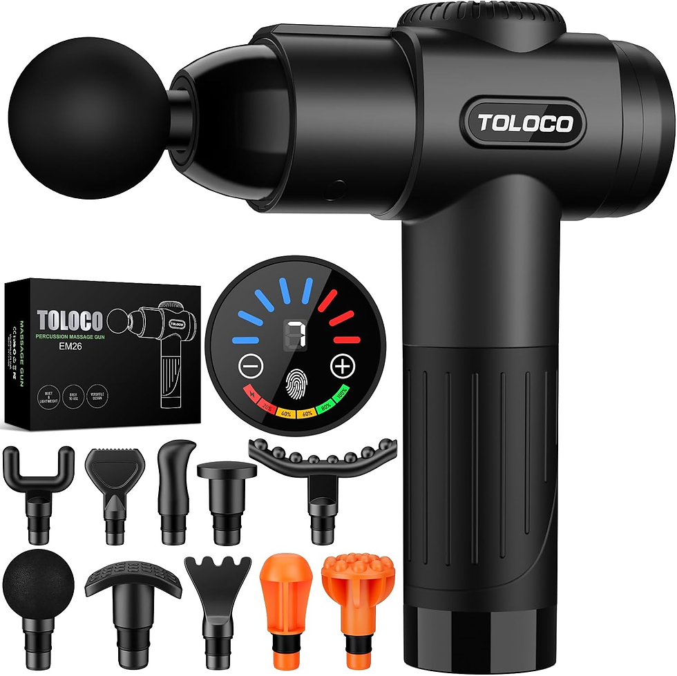 Black TOLOCO percussion massage gun with multiple attachments, display dial, and product box on a white background. TOLOCO Massage Gun, Deep Tissue Back Massage.