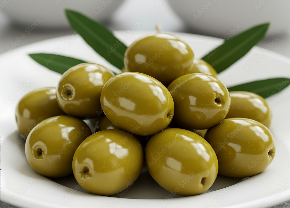 Green olives piled on a white plate with green leaves in the background, creating a fresh and appetizing setting.