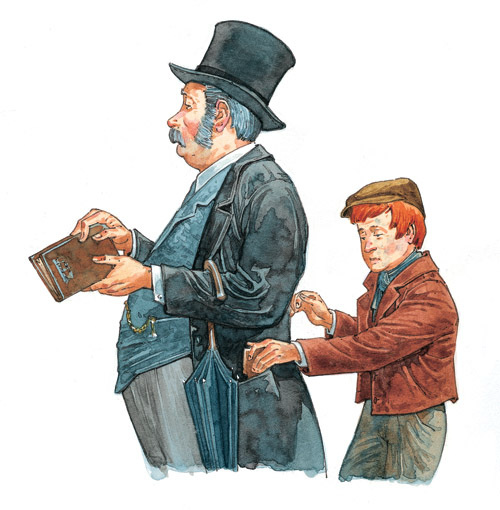 A young boy in a brown jacket and cap pickpockets a book from an older man in a top hat and coat, who holds an umbrella, against a plain backdrop.