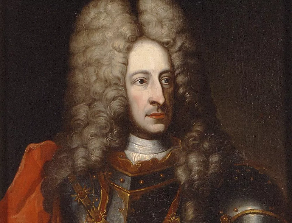 Portrait of a man in armor with ornate gold details, wearing a curly wig. A red cloak drapes over his shoulder. Dark background, stoic expression.