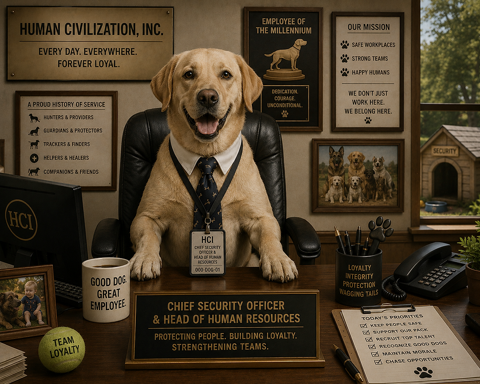 Golden retriever in suit at desk in dog-themed office, smiling amid plaques and signs: Chief Security Officer, Good Dog.