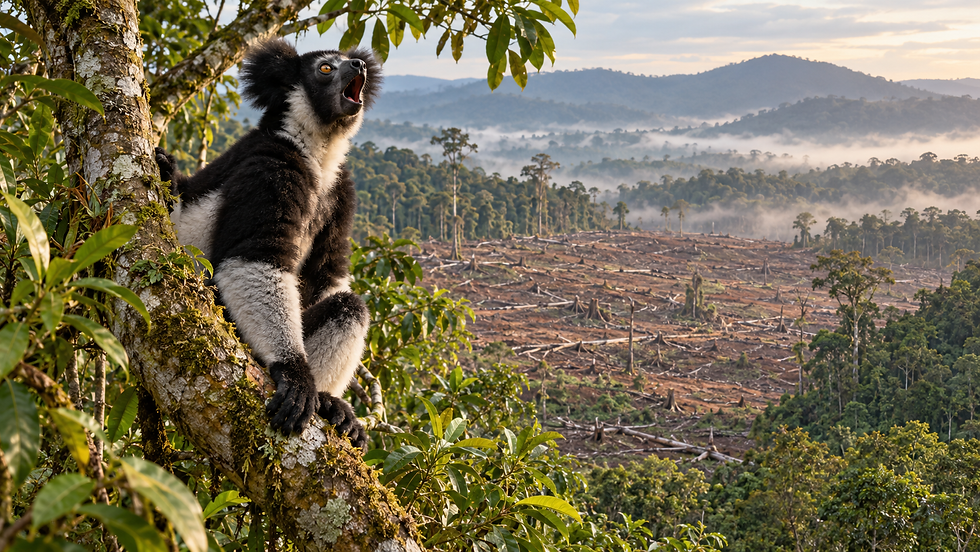 Black-and-white lemur clings to a tree, mouth open, overlooking a misty forest cleared by logging.
