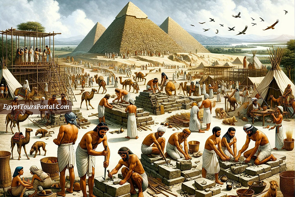 Workers build pyramids; camels and people in ancient Egypt. Sand, tools, busy atmosphere. Birds fly above. EgyptToursPortal.com text.
