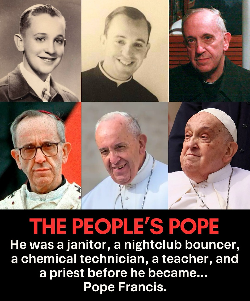 Collage of a man's life stages. Text: "THE PEOPLE’S POPE" and his past jobs. He smiles in some pictures, wearing formal and religious attire.