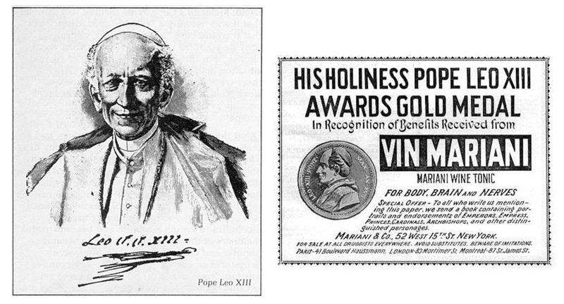 Sketch of Pope Leo XIII with text awarding a gold medal to Vin Mariani. Monochrome, with a medal illustration and detailed ad text on the right.