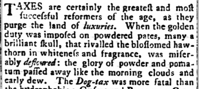 Black and white vintage print with text about taxes affecting luxury items. Emphasizes terms like "luxuries" and "Dog-tax" in italics.