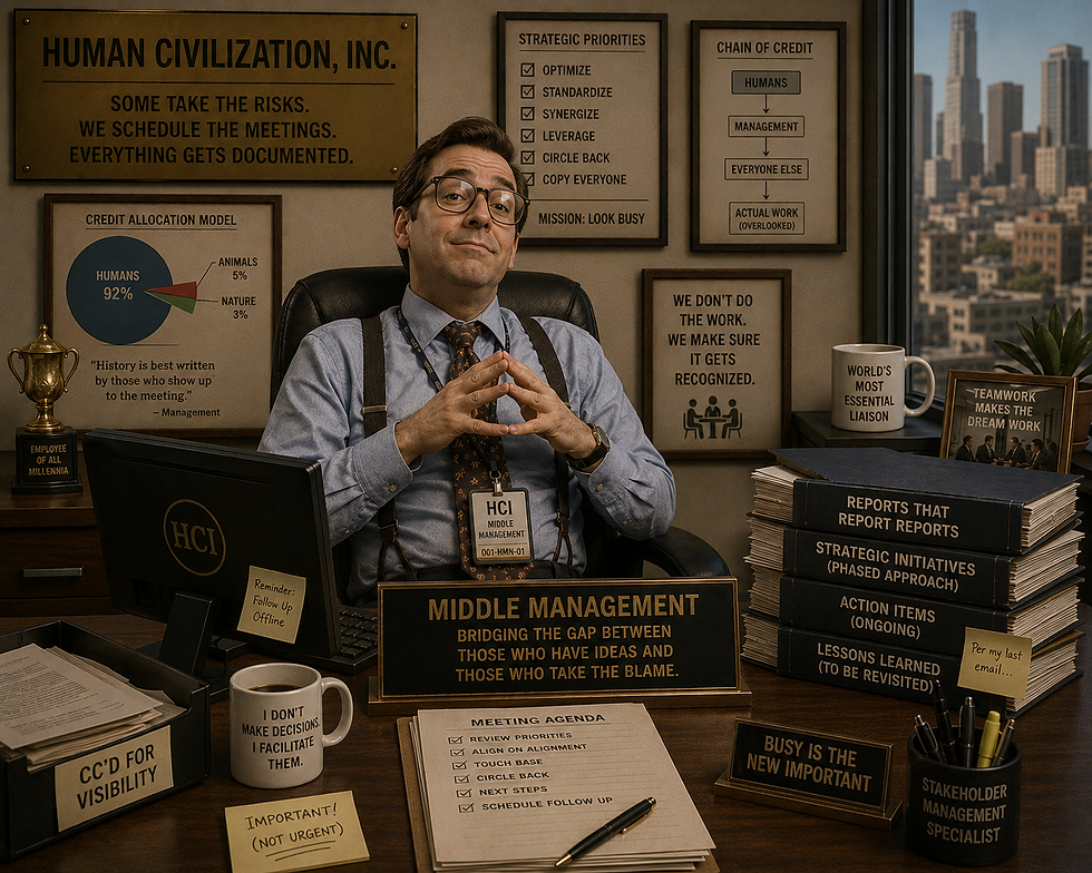 Smug middle manager in a satirical office, surrounded by corporate jargon signs, reports, and a city view outside the window.