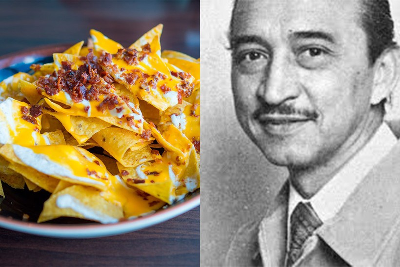Plate of nachos with melted cheese and bacon on the left; black-and-white portrait of a smiling man in a suit on the right.