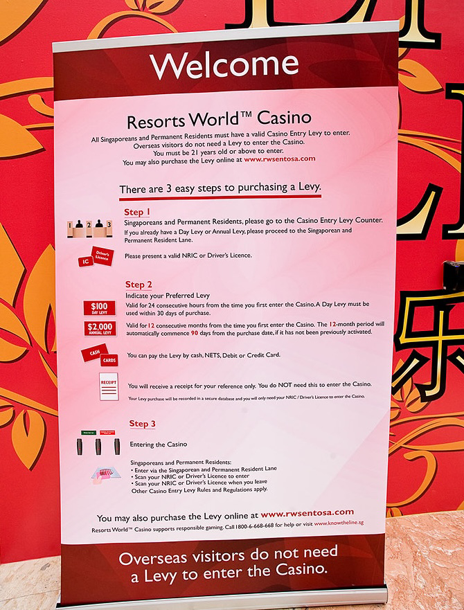 Banner detailing entry requirements for Resorts World Casino. Steps for purchasing a levy are listed. Red background with decorative patterns.