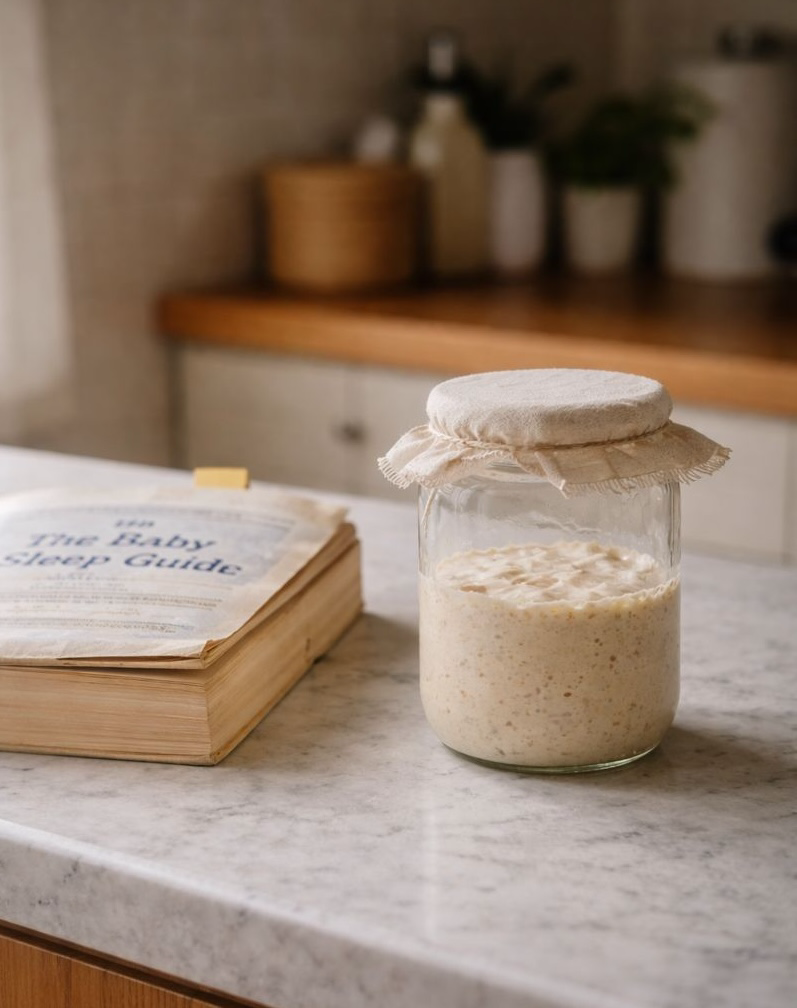 Jar of dough with cloth cover on marble counter, beside an open book titled "The Baby Sleep Guide." Cozy kitchen with wooden accents.