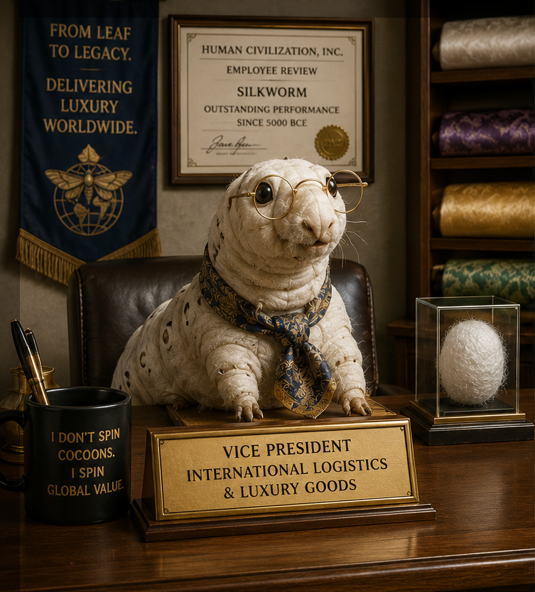 Silkworm in glasses and tie at an executive desk, with awards and luxury textiles; signs read Human Civilization, Inc. and Vice President