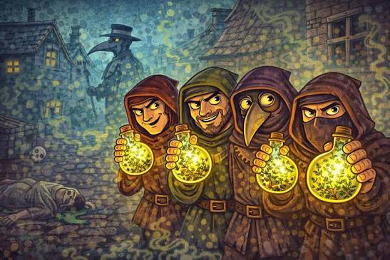 Four hooded figures grin while holding glowing yellow potions in a dark village street, with a plague doctor in the mist.