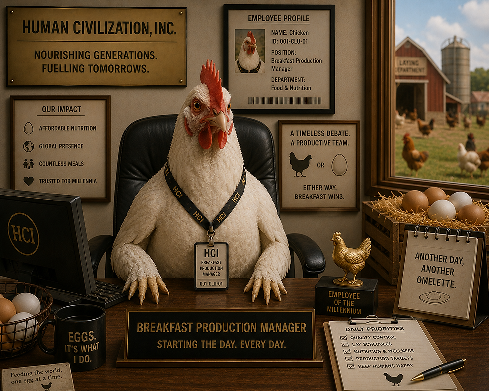 Chicken in an office labeled HCI, as Breakfast Production Manager, with eggs, awards, and farm hens outside the window.