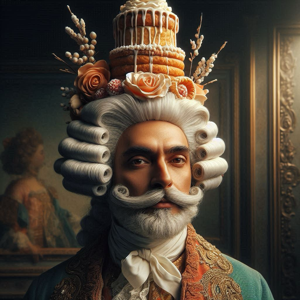 Man in ornate costume with elaborate gray wig adorned with cake and flowers. Vintage portrait in elegant, dimly lit setting. Regal mood.