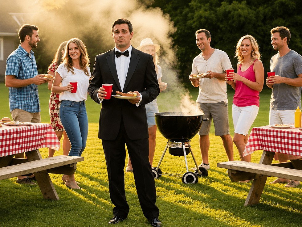 Man in a tuxedo holds a plate and red cup at a backyard barbecue, with smiling guests, a smoky grill, and picnic tables.