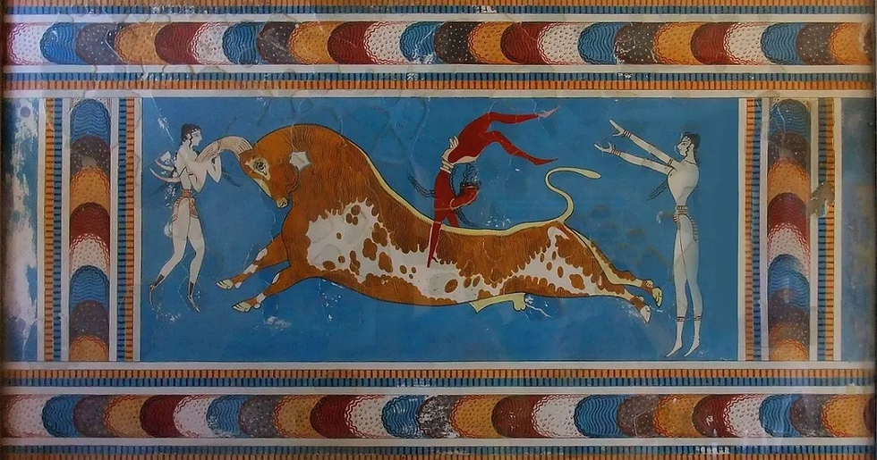 Ancient-style mural of a charging bull on blue ground, flanked by two men, with colorful patterned border panels.