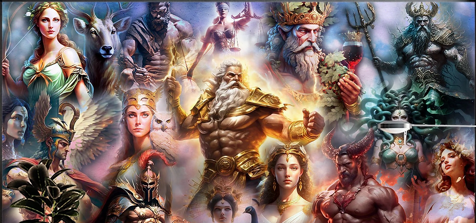 Greek mythical figures in vibrant attire, surrounded by animals and symbols in a fantasy setting. Colors are vivid; mood is dramatic.