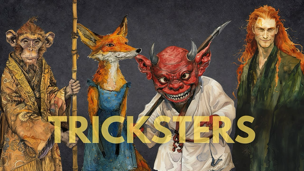 Four mystical characters: a monkey, fox, red demon, and human with fiery hair. Text "TRICKSTERS" overlays the dark textured background.