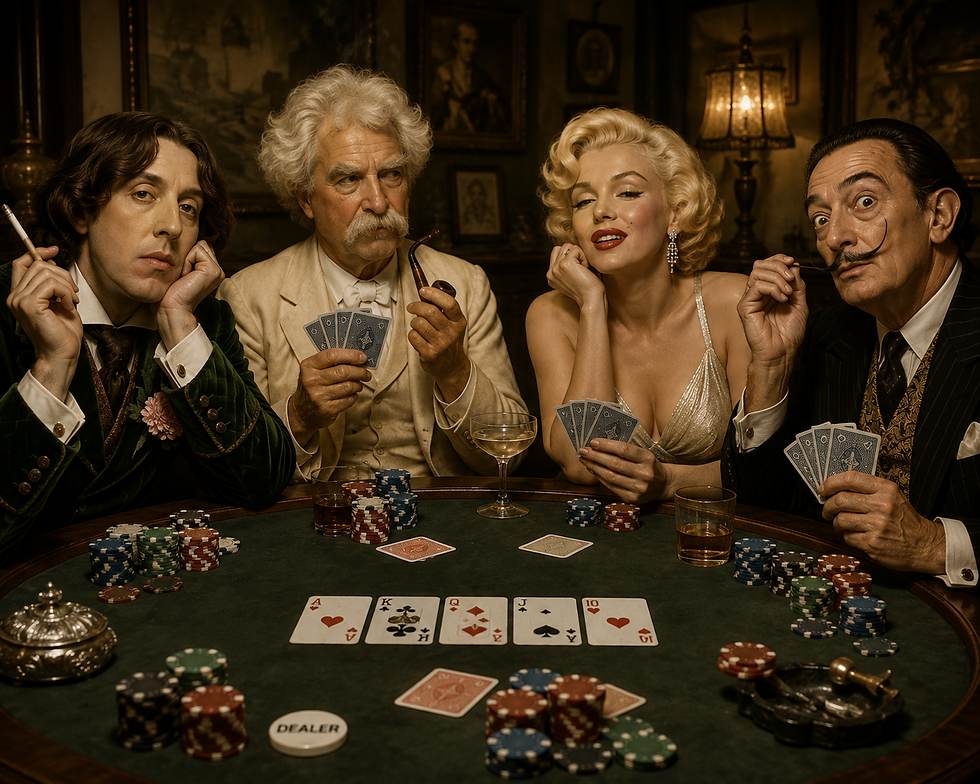 Four vintage-dressed poker players at a dim casino table, holding cards and pipes, with chips, drinks, and a DEALER button visible. Oscar Wilde · Mark Twain · Marilyn Monroe · Salvador Dalí