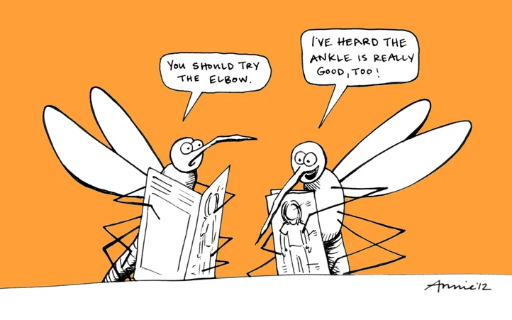 Two cartoon mosquitoes read newspapers and joke about odd body-parts, with speech bubbles on an orange background.
