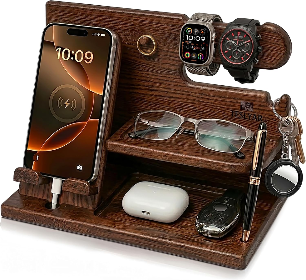 Wooden desk organizer holding a charging phone, two watches, glasses, earbuds, keys, pen and key fob on a white background. TESLYAR Wood Phone Docking Station for Men.