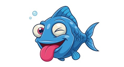 Cartoon blue fish winking with its tongue out, surrounded by small bubbles on a white background, creating a playful vibe.