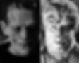 Split-screen black-and-white portraits of Frankenstein and a wolfman, both staring tensely at the camera.
