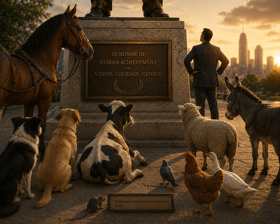 Animals and a man gather at a sunset city monument plaque reading In Honor of Human Achievement: Vision. Courage. Genius.