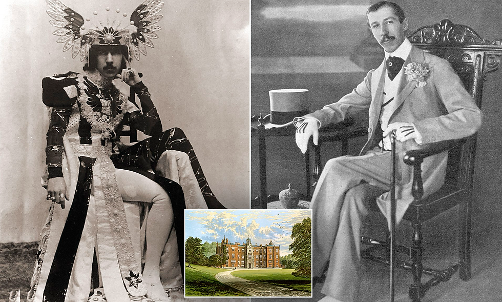 Vintage collage of a costumed figure on the left, a seated man in a suit on the right, and a color mansion inset below. Henry Cyril Paget.